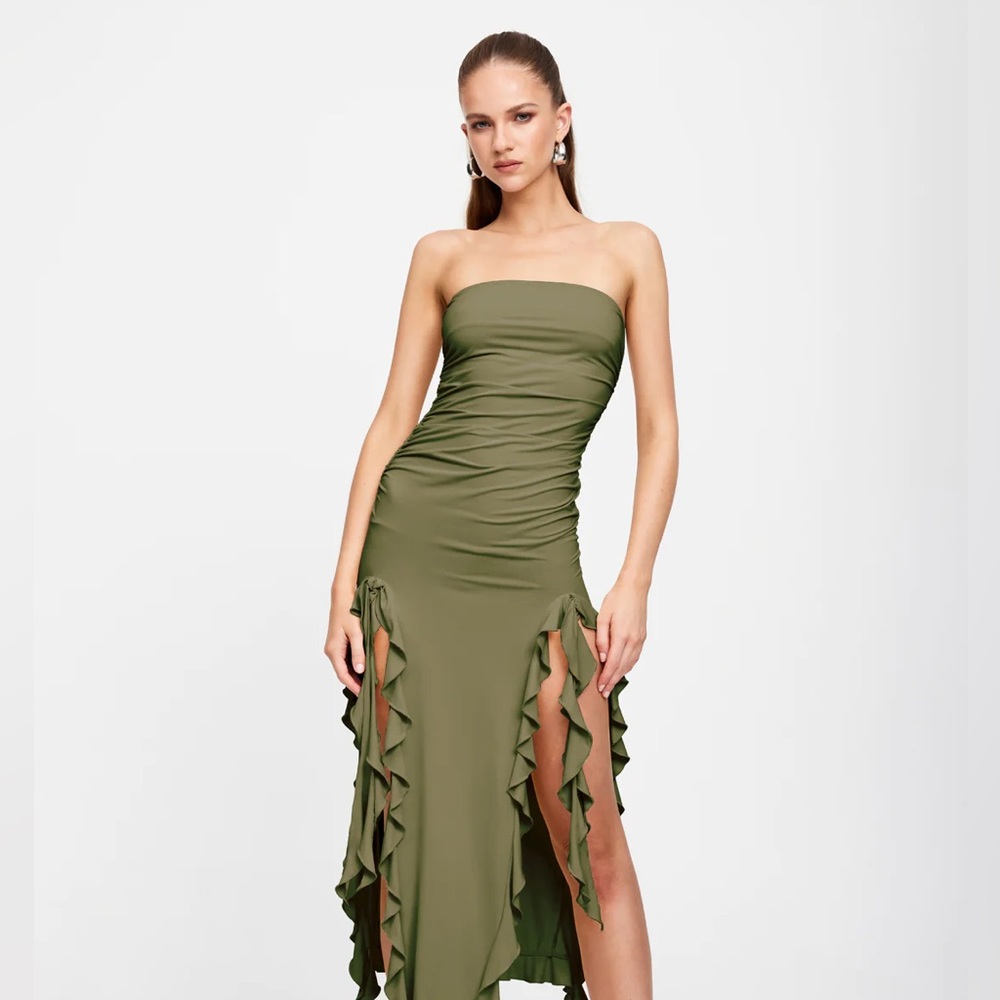 Lioness RENDEZVOUS STRAPLESS DRESS | OLIVE B2